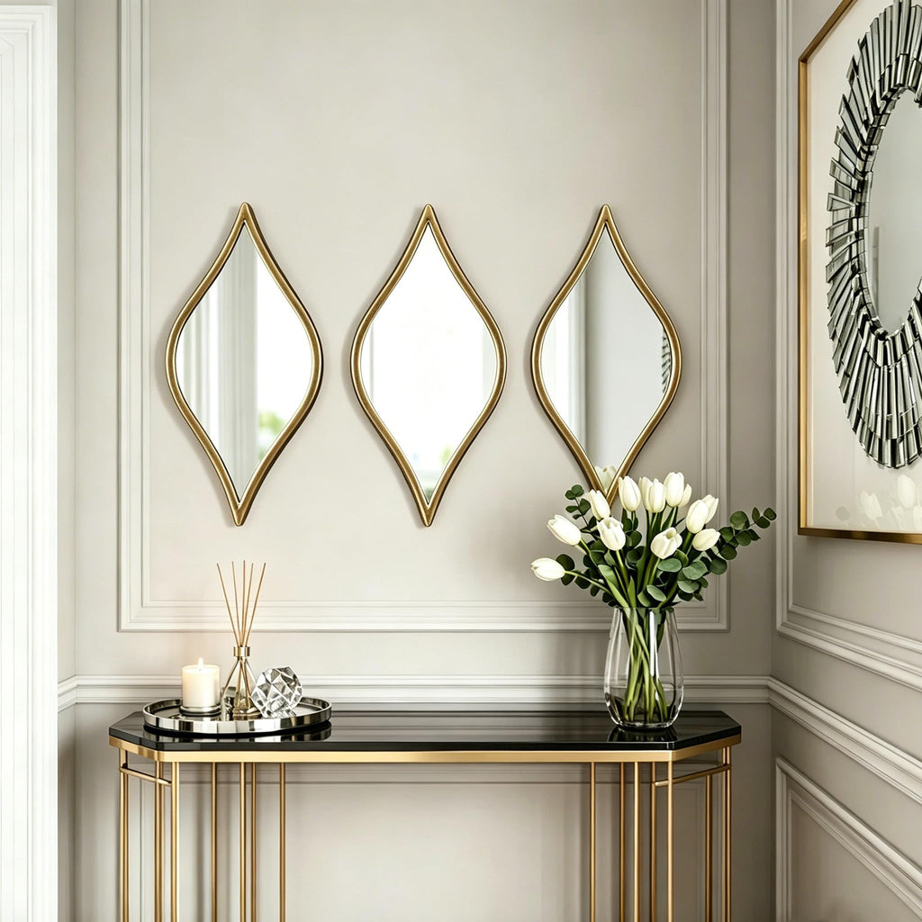 Decorative Tear Drop Gold Mirror Wall Decor 6 X 15 Inch, Set of 3