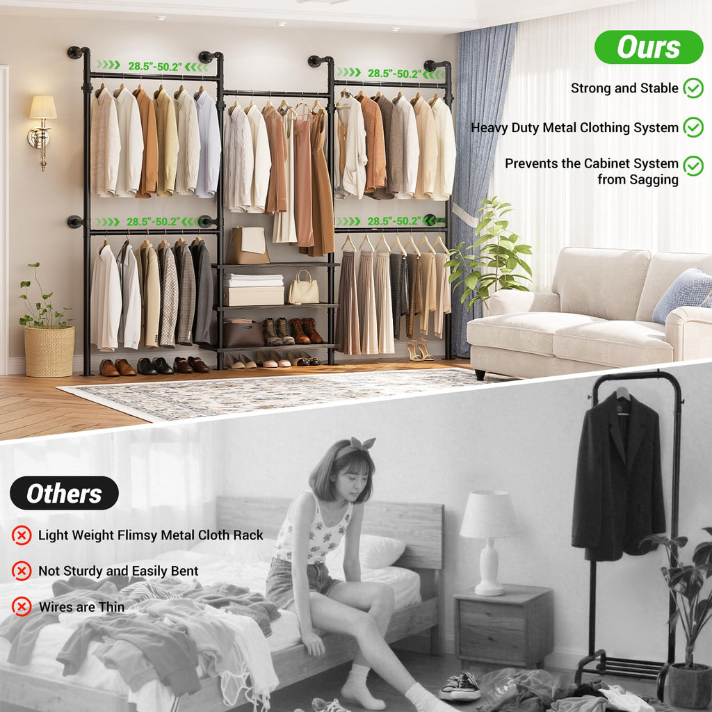 Expandable Industrial Pipe Clothing Rack, 7.3-10.9Ft Closet System