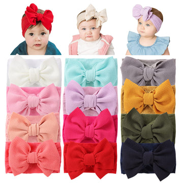 12 Pack Oversized Colorful Solid Stretchy Nylon Headbands with Big Bow Large Knot Hair Bows Soft Elastic Hair Bands