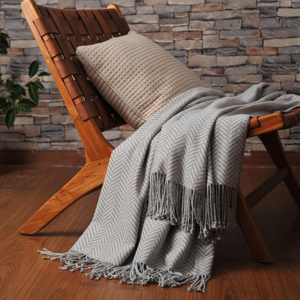 Silk Throw Blanket with Hand-Knotted Fringe, Natural, Soft & Breathable (Herringbone Gray)
