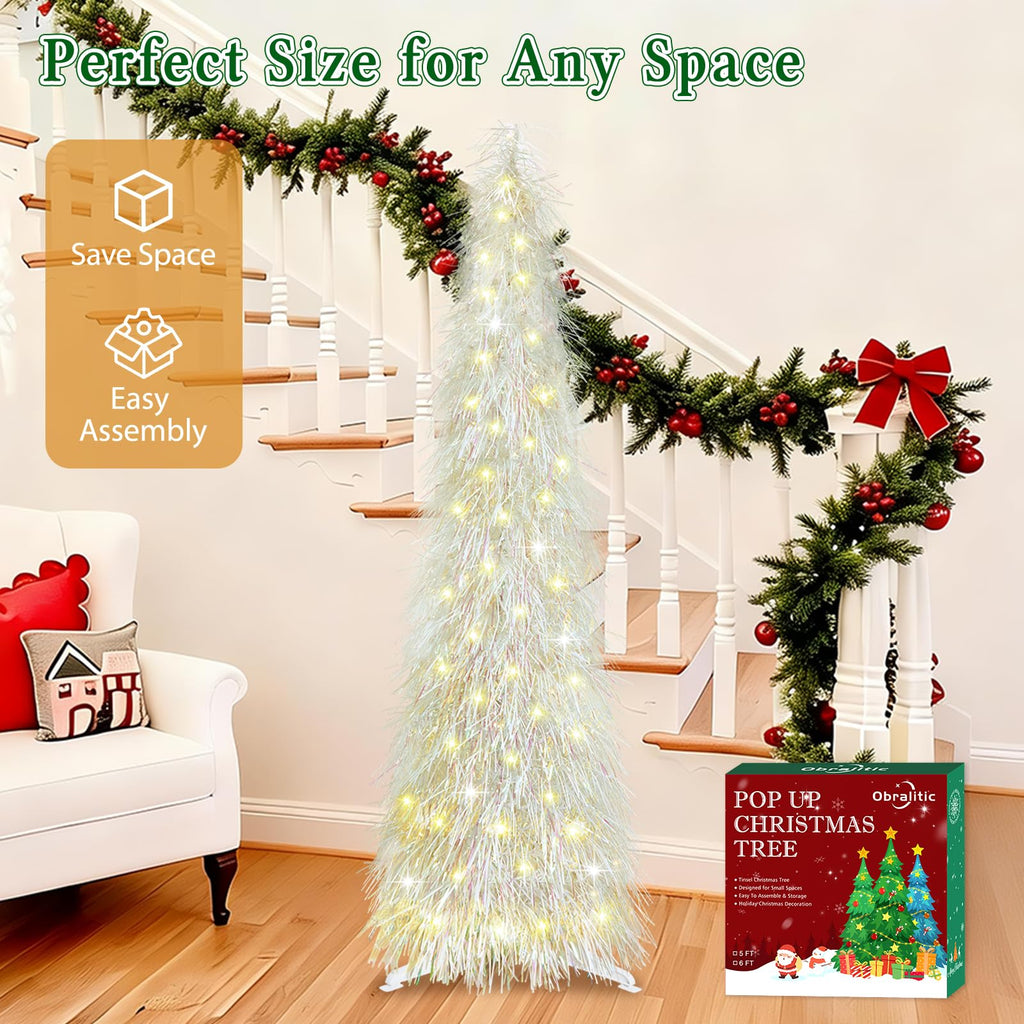 5 FT Shaggy Pop Up Christmas Tree with 50 Timer Lights, White Collapsible Artificial Tinsel Christmas Pencil Tree