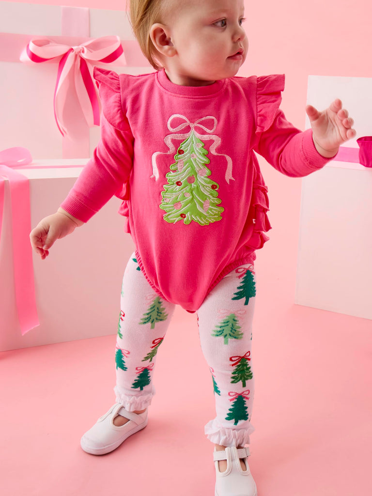 Baby Girls Patterned Footless Ruffled Tights - Ruffle Tights - Christmas Tree Bows
