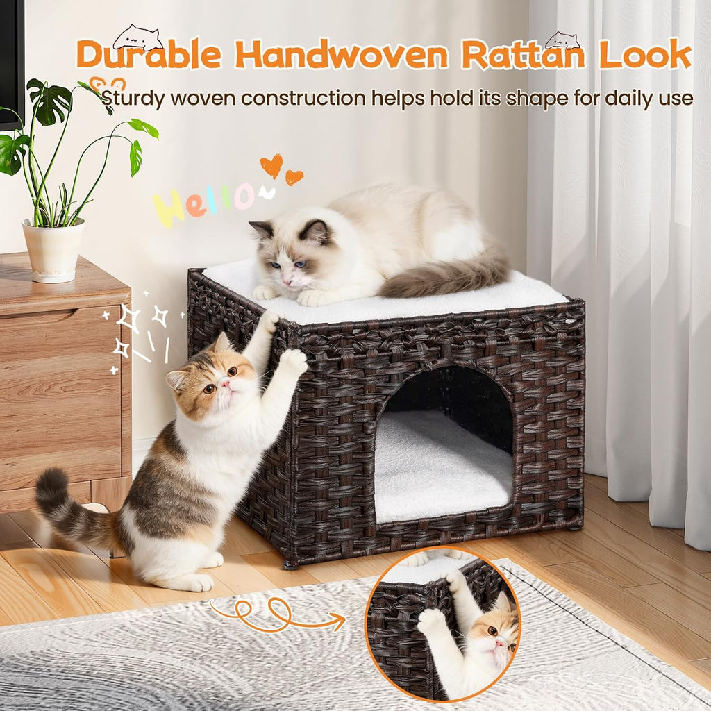 Handwoven Rattan Cat House - Indoor Foldable Cat Bed Cave with 2 Removable Bed Mats, Large Kitten House, Hideaway Pet