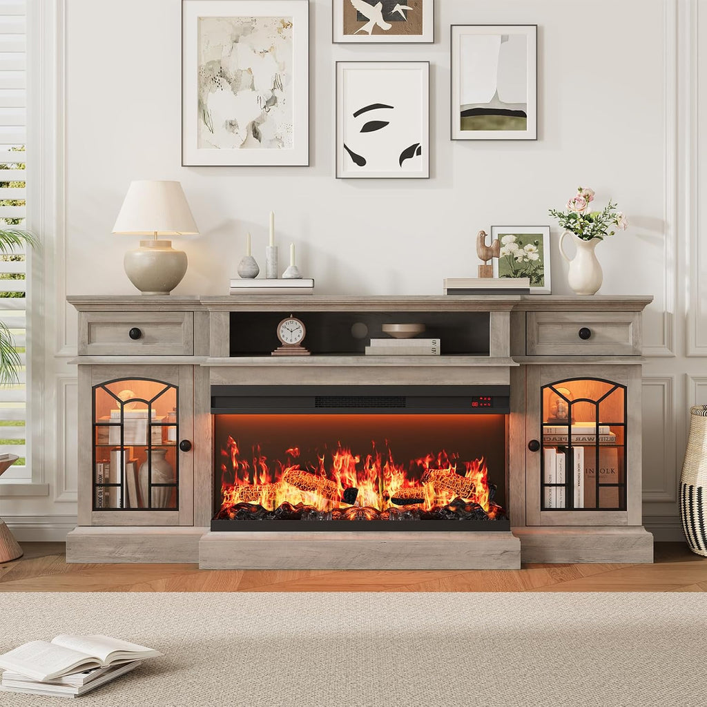 70" Farmhouse Fireplace TV Stand for TVs up to 80", Entertainment Center with 36" 3-Side Glass Electric Fireplace