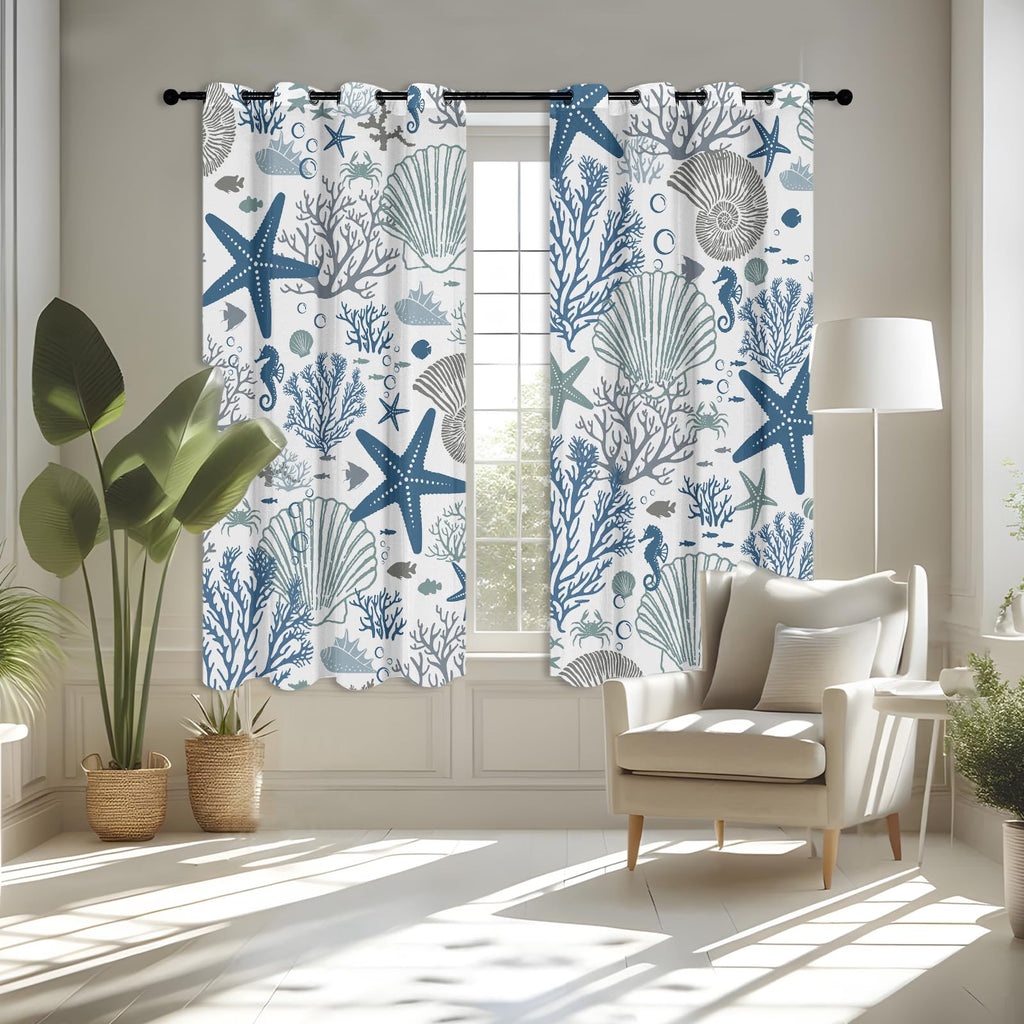 Coastal Curtains, Summer Beach Curtains for Windows, Blue Starfish Window Curtain Ocean Shell Nautical Curtain 42 x
