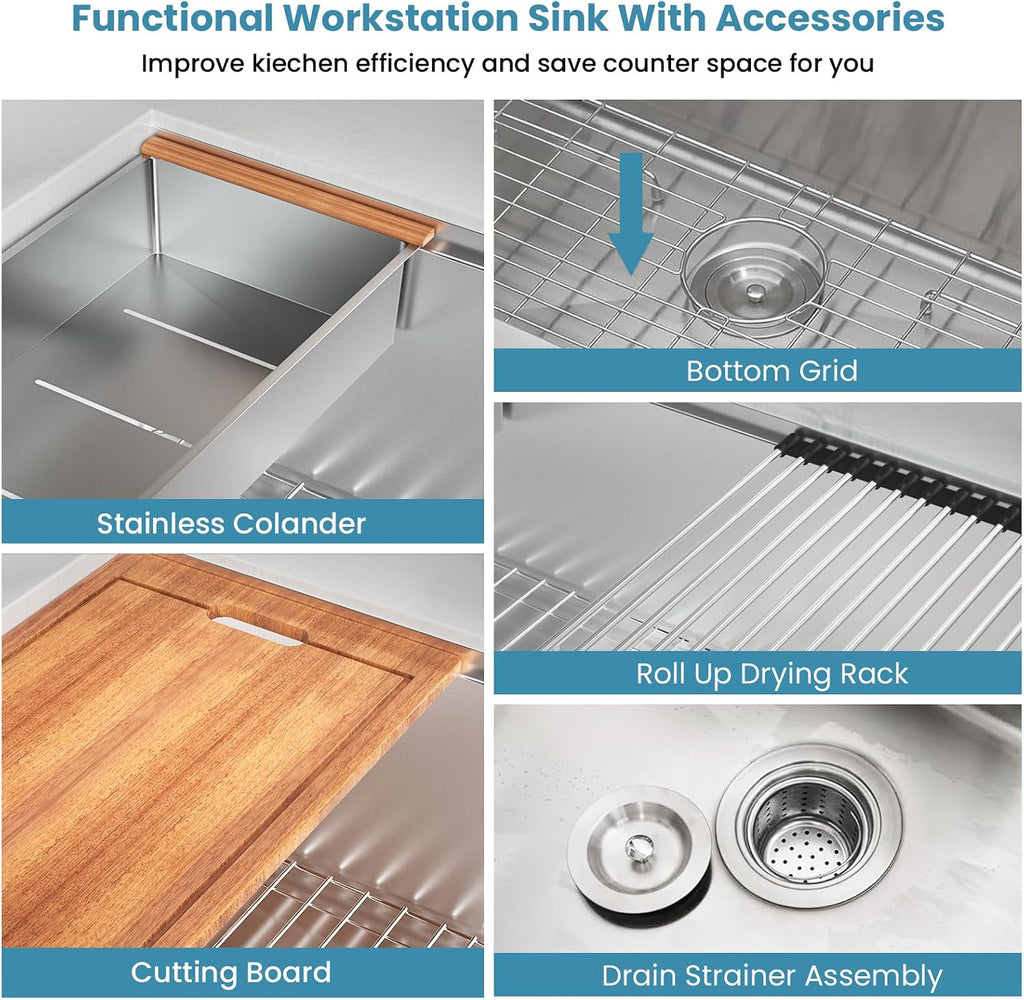 30 Inch Undermount Sink Stainless Steel Undermount Kitchen Sink Workstation | Single Bowl,16 Gauge,Under Counter