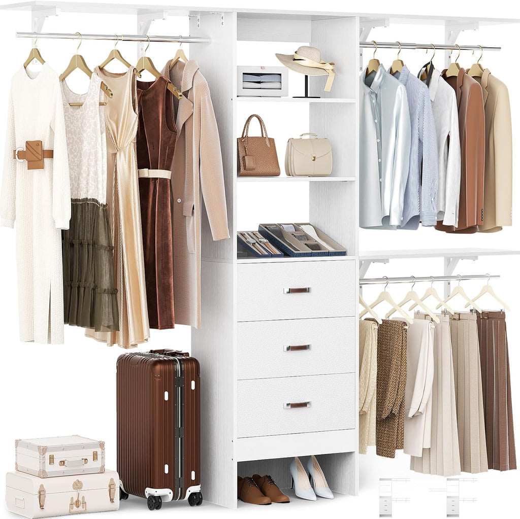 Closet System with Drawer - 8FT Wood Closet Organizer System with 3 Hanging Rods and Shelving Tower, 96" Walk In