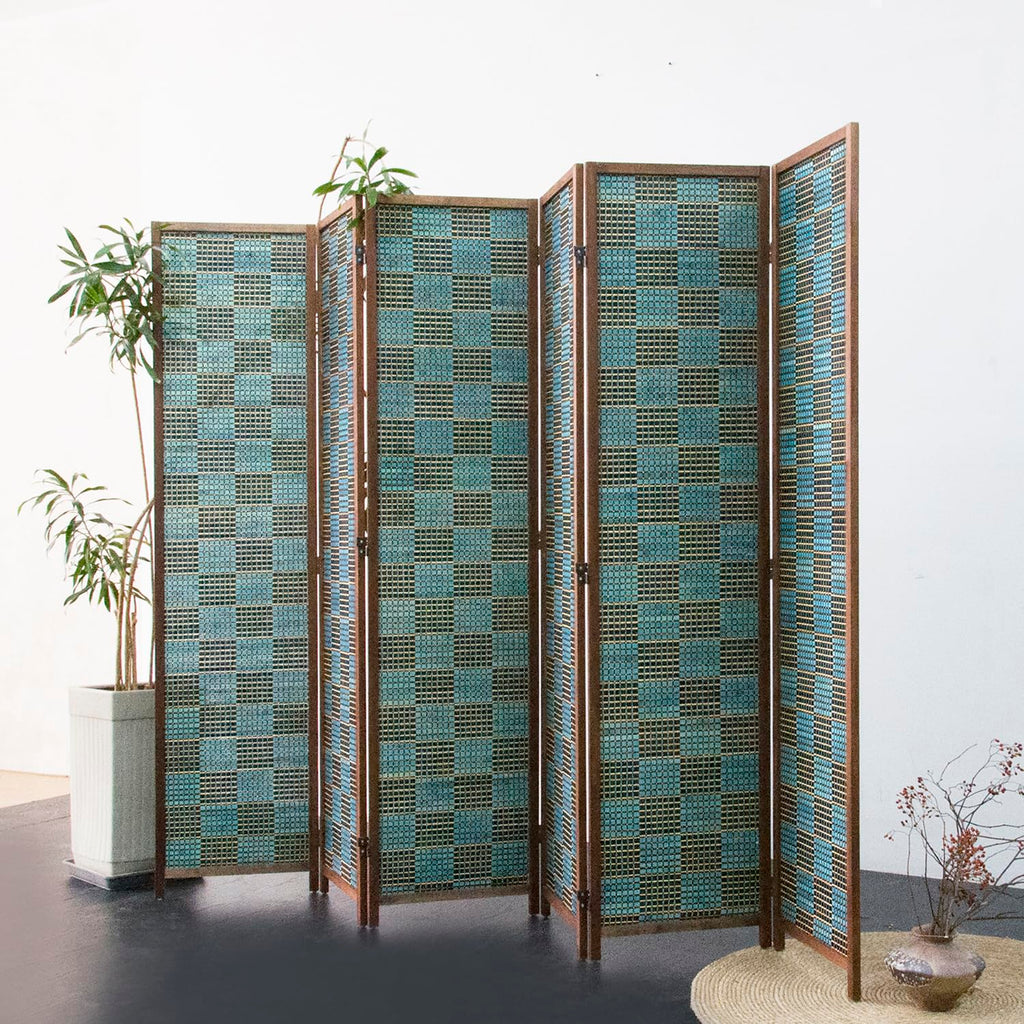 6 Panel Room Divider Screen and Folding Panel Screen, Double Sided Bamboo Divider for Room Separation, Blue Square, 67"