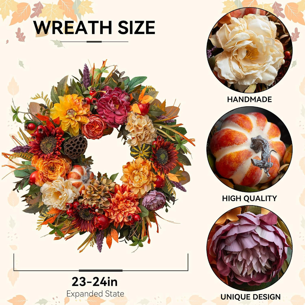 24 Inch Artificial Harvest Fall Wreaths for Front Door,Porch & Entryway