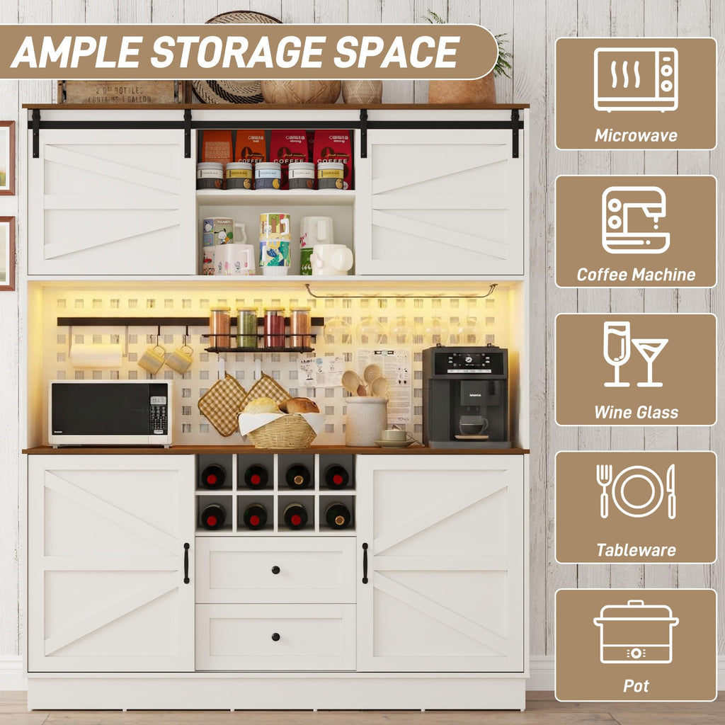 75"Tall 63"W Extra Large Farmhouse Kitchen Storage Pantry Hutch Cabinet w/Power Outlet, Pegboard, Coffee Bar