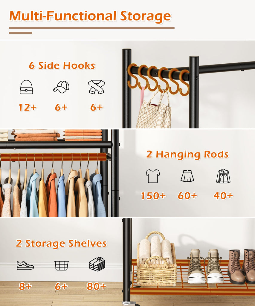 Clothes Rack, 79.7" Double-Tier Clothing Rack with Shelves&Wheels