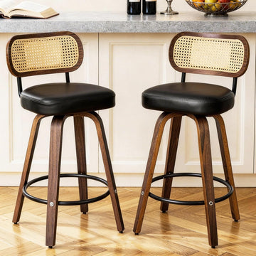 Natural Rattan Bar Stools Set of 2,Upholstered PU Leather, 26'' Counter Height Barstools with Back and Wood
