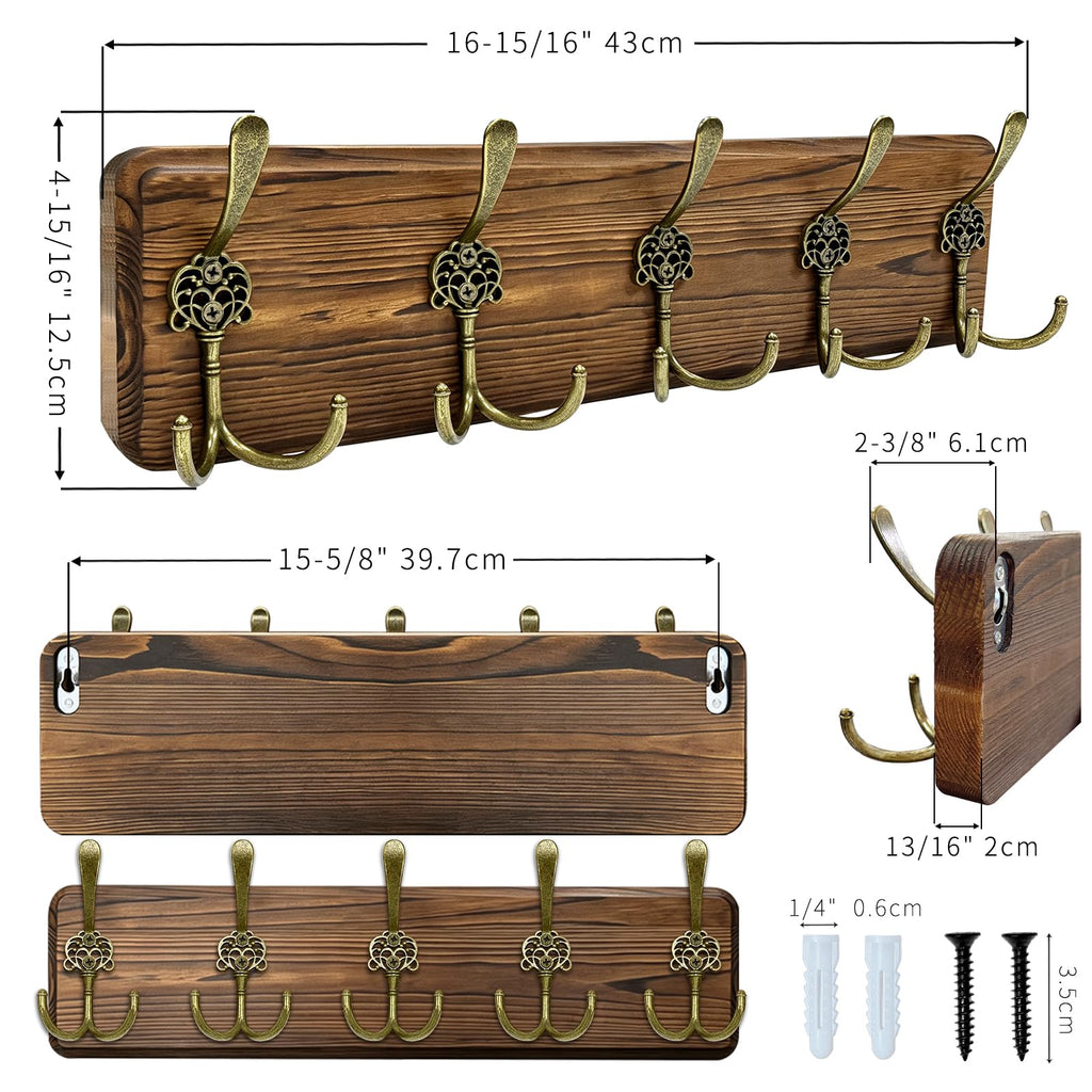 17'' Rustic Coat Rack Wall Mount, 5 Hooks, Solid Wood, Rustic Finish, 50 lb Capacity, Entryway Bedroom Mudroom, Wall