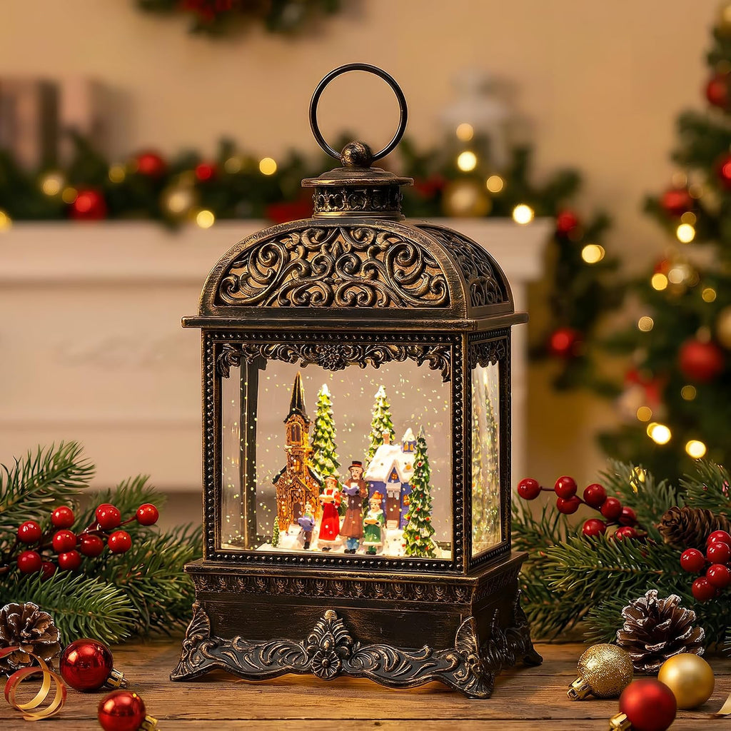 Christmas Village Snow Globe Water Lantern with Church Carolers Scene Battery Operated or USB Powered Musical Lighted