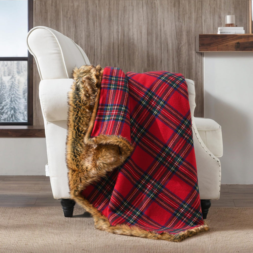 Luxury Plush Faux Fur Throw Blanket with Red Plaid Pattern, Super Warm, Fuzzy, Elegant, Fluffy Decoration Christmas