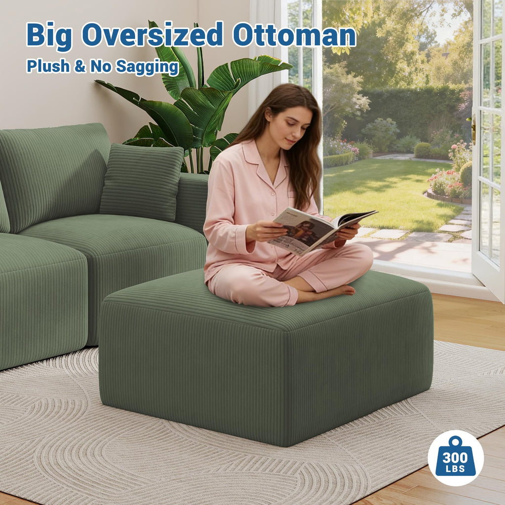 40" Oversized Square Corduroy Ottoman, Large Ottoman Pouf Footstool, Green
