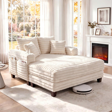 64"D Oversized Chaise Lounge Chair with Wood Frame, 2 Cup Holders