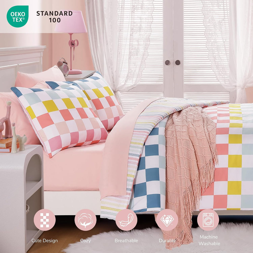 Full Comforter Set for Girls-7 Pieces Colorful Checkered Full Bedding Sets for Kids, Soft Bed in A Bag with Striped