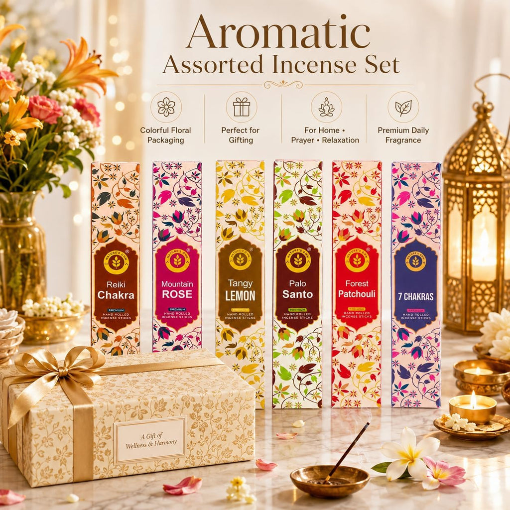 Incense Sticks Gift Pack - 6 Fragrances x 20 Sticks Each, Hand Rolled Insents with Incense Holder - Tangy Lemon - Set of 120