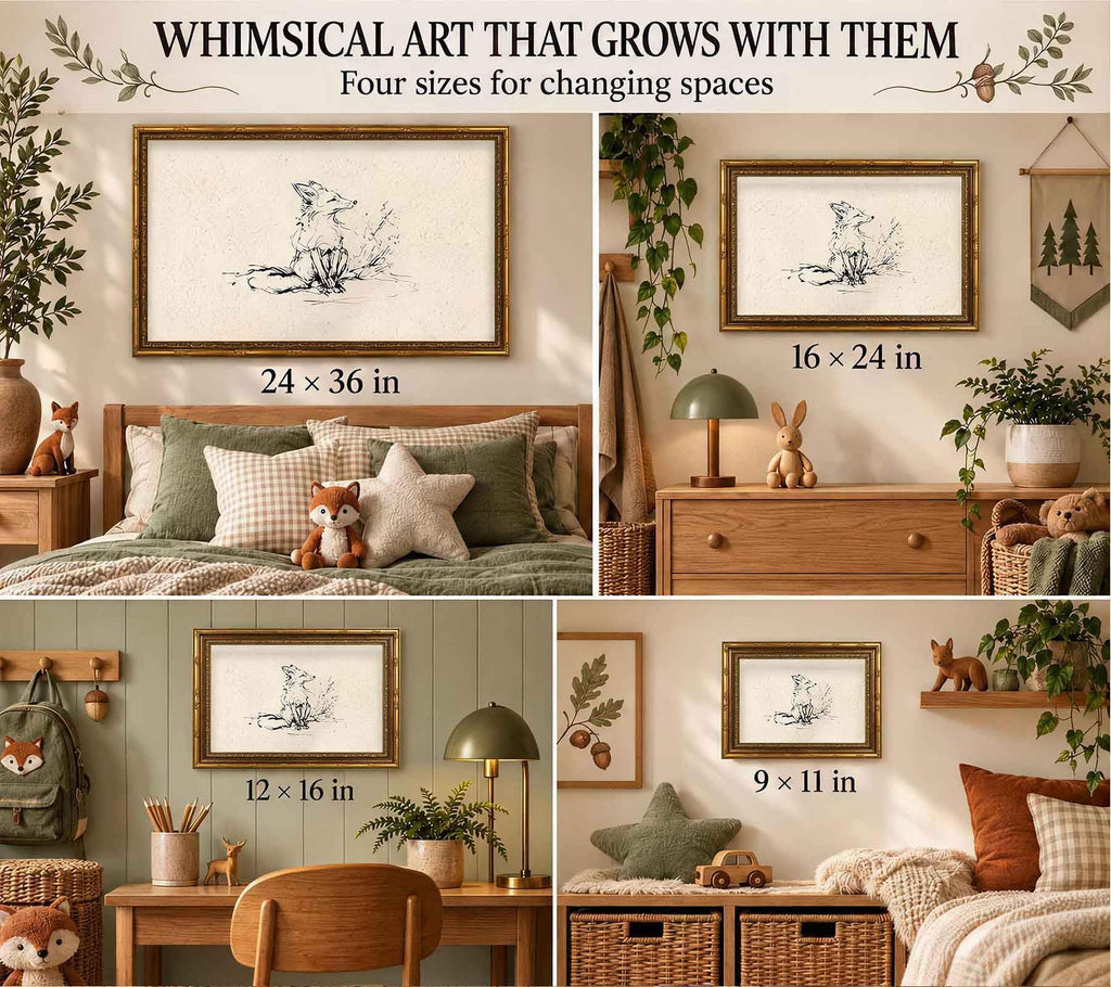 Vintage Fox Canvas Wall Art, Gold Framed Fox Sketch Print