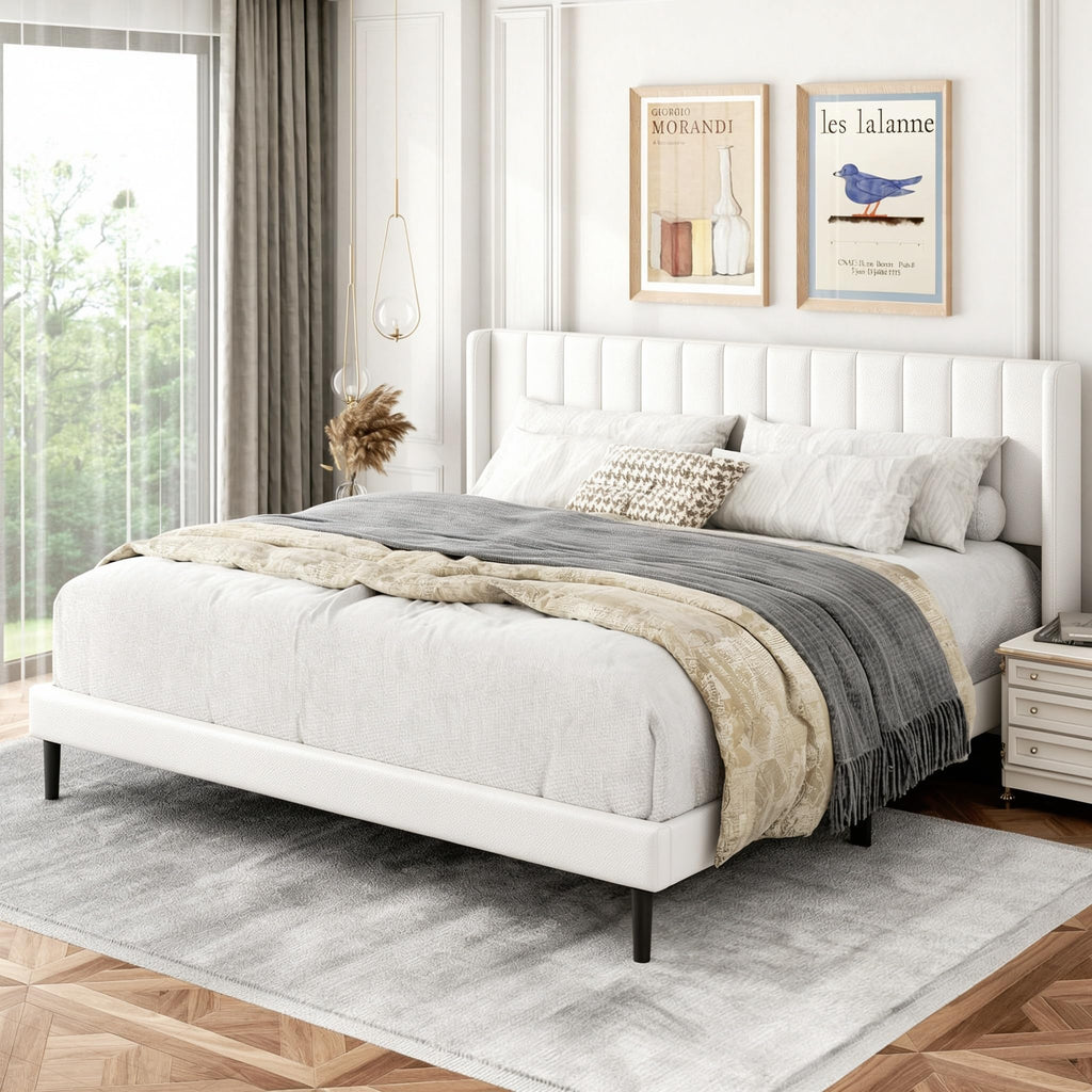 King Size Bed Frame with Wingback Headboard, Upholstered Platform Bed, No Box Spring Needed, Sturdy Wooden Slat