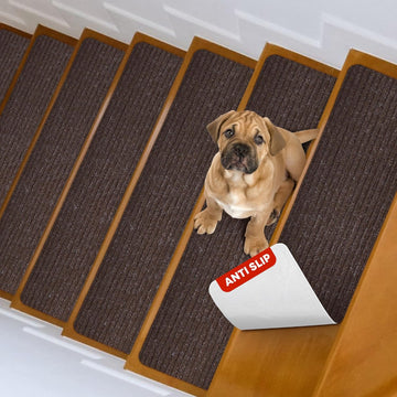 Carpet Stair Treads for Wooden Steps, 15 Pack, 8" x 30", Brown Stripe | Four-layer polyester carpet with PP grid