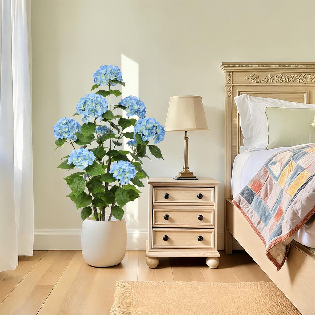 4FT Real Touch Faux Hydrangea Tree Outdoor, 2 Pack Blue Hydrangea Tree Artificial with Vibrant Blooms, Faux Hydrangea