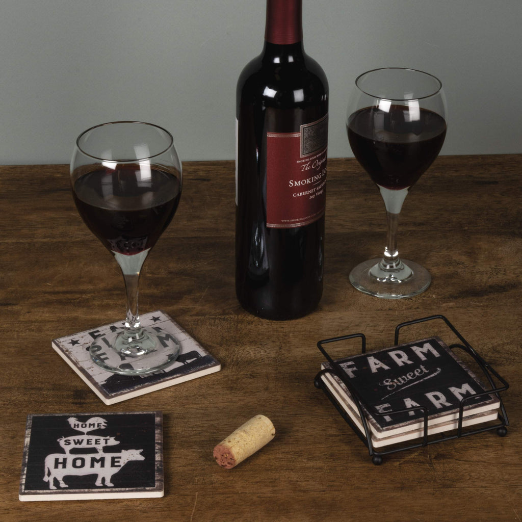 Set of 4 Absorbent Stone Coasters, Rustic Farmhouse Coaster Designs, Farm Sweet Farm, Includes Wire Holder, Slatted