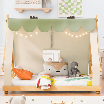Twin Size House Bed with Tent & Light, Wooden Full Montessori Floor Beds for Kids with Roof, DIY Playhouse, No Box