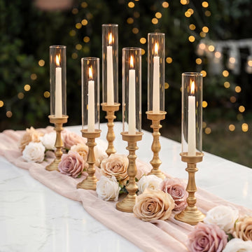 Gold Candlestick Holders Bulk: Set of 6 Tall Hurricane Glass Taper Candleholders - Vintage Candles Stick Stand for