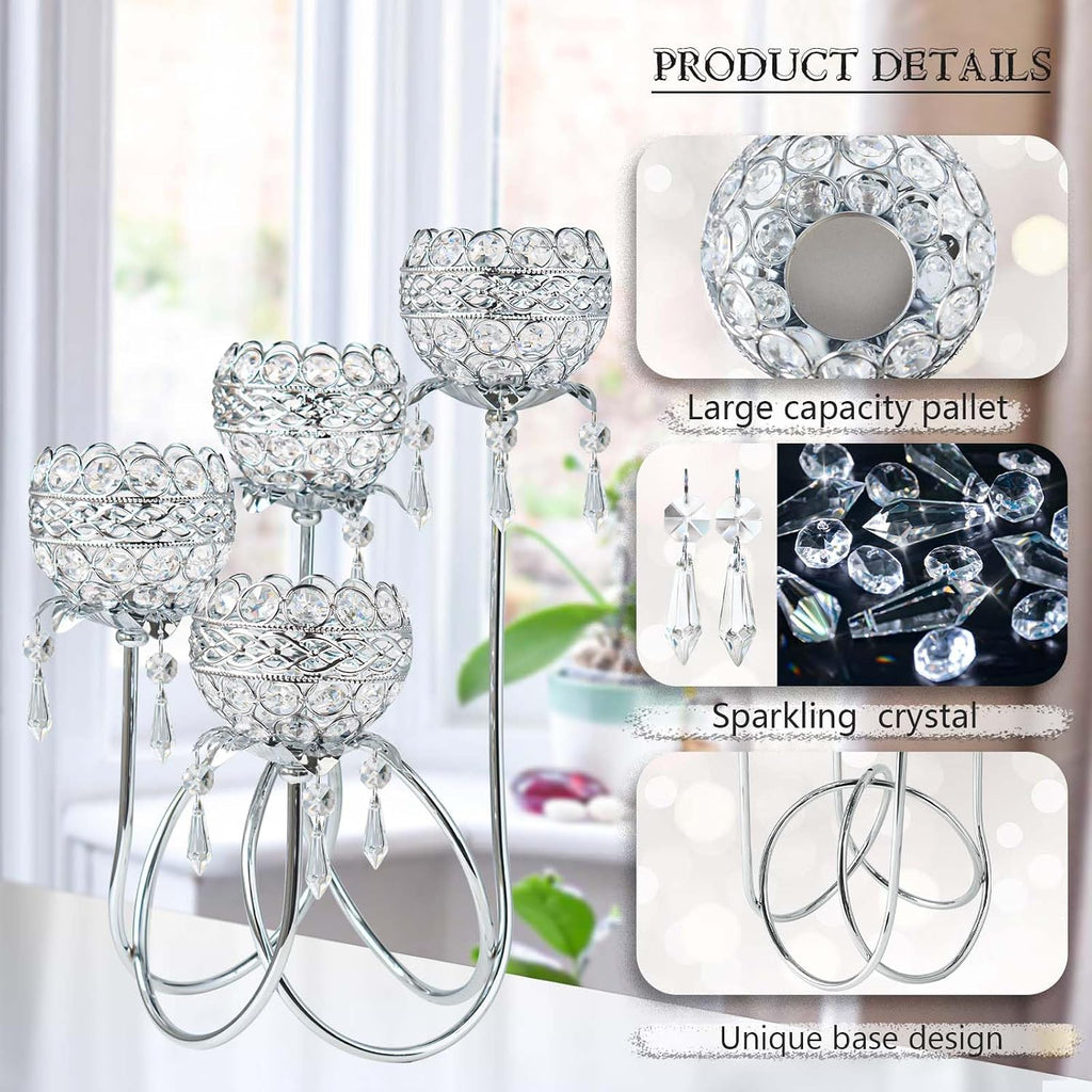 4 Arms Crystal Candelabra Tealight Holder - Tall 15.7 Inch Elegant Centerpiece with Crystal Pendant Bowls & Artistic