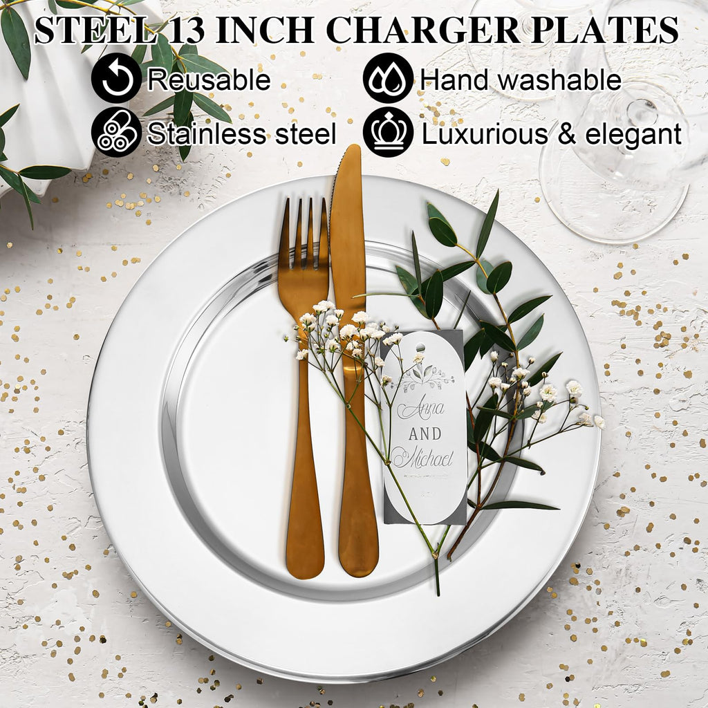 24 Pcs Stainless Steel Silver Charger Plates Bulk 13 Inch Round Set