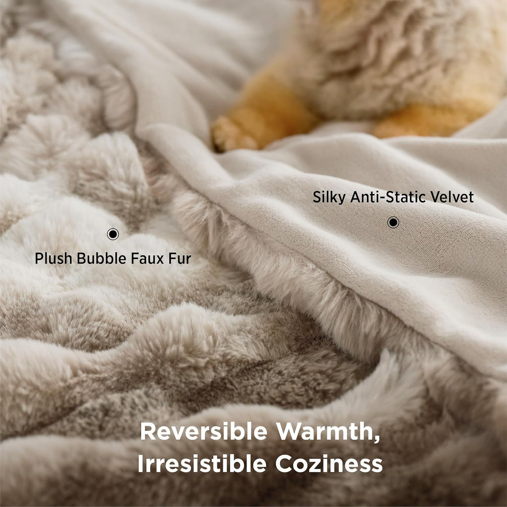 Soft Fluffy Faux Fur Throw Blanket, Fuzzy Fleece Bubble Blanket Cozy Gifts for Women Men Teen Girls, Taupe Brown