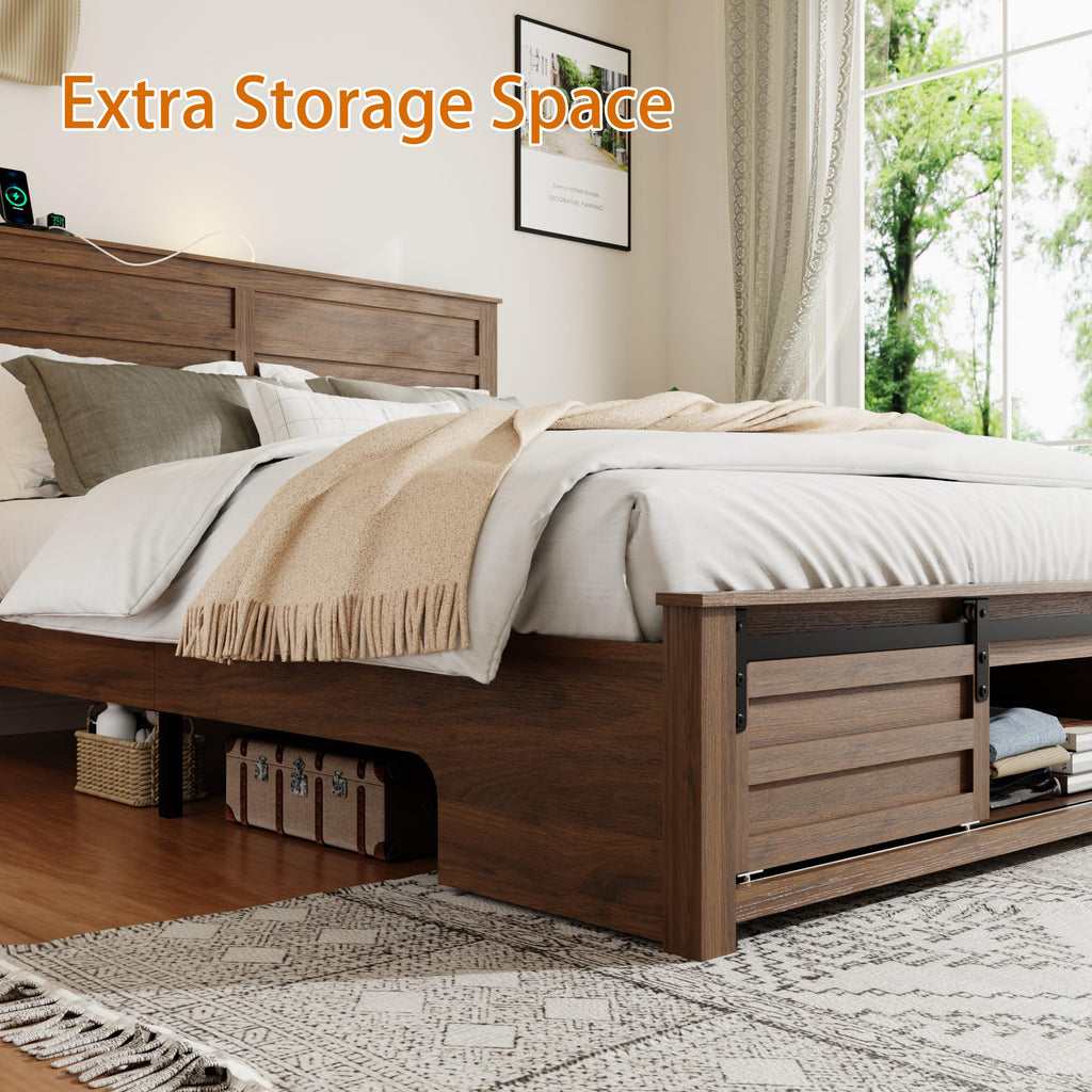Wooden Bed Frame with Headboard, Farmhouse Storage, Barn Door
