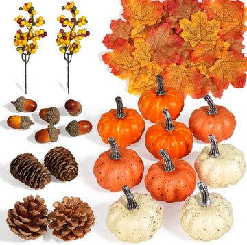 Artificial Pumpkins, Fall Harvest Decorations with Acorns, Pinecones, Berries, Maple Leaves for Farmhouse Fall - Set of 51
