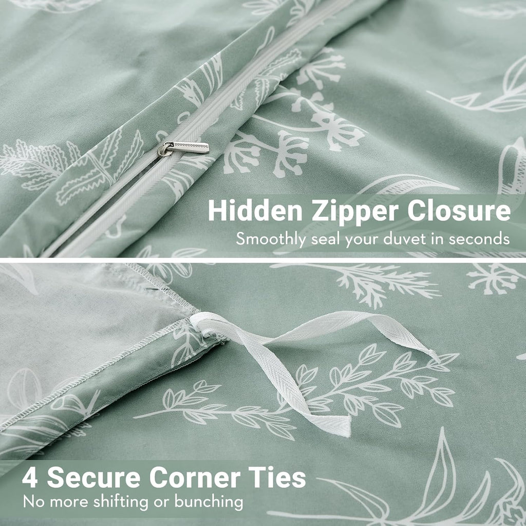 Duvet Cover King, Reversible Floral Green Duvet Cover Set with Zipper Closure, 3 Pieces Botanical Patterns Soft