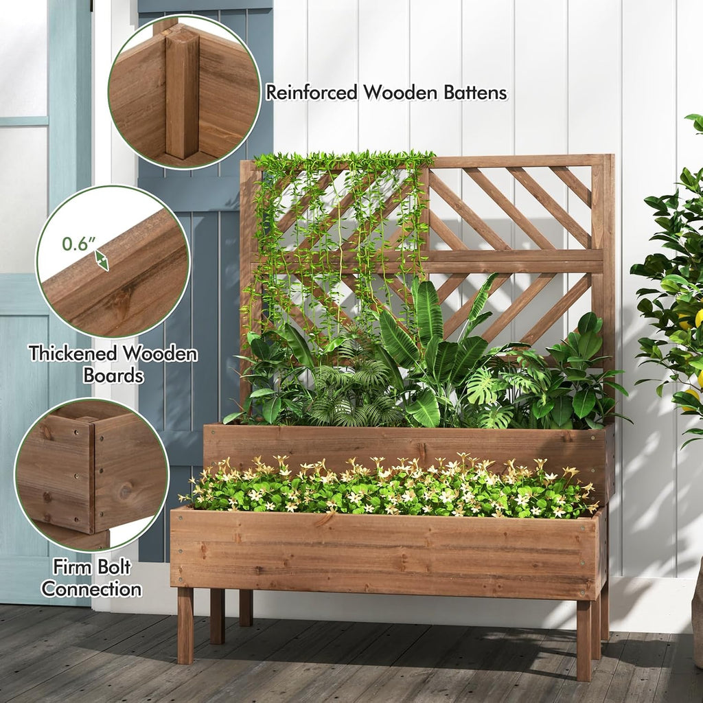 Raised Garden Bed with Trellis & 2 Planter Boxes, 2-Tier Outdoor Wooden Elevated Planter Box with Legs & Drainage