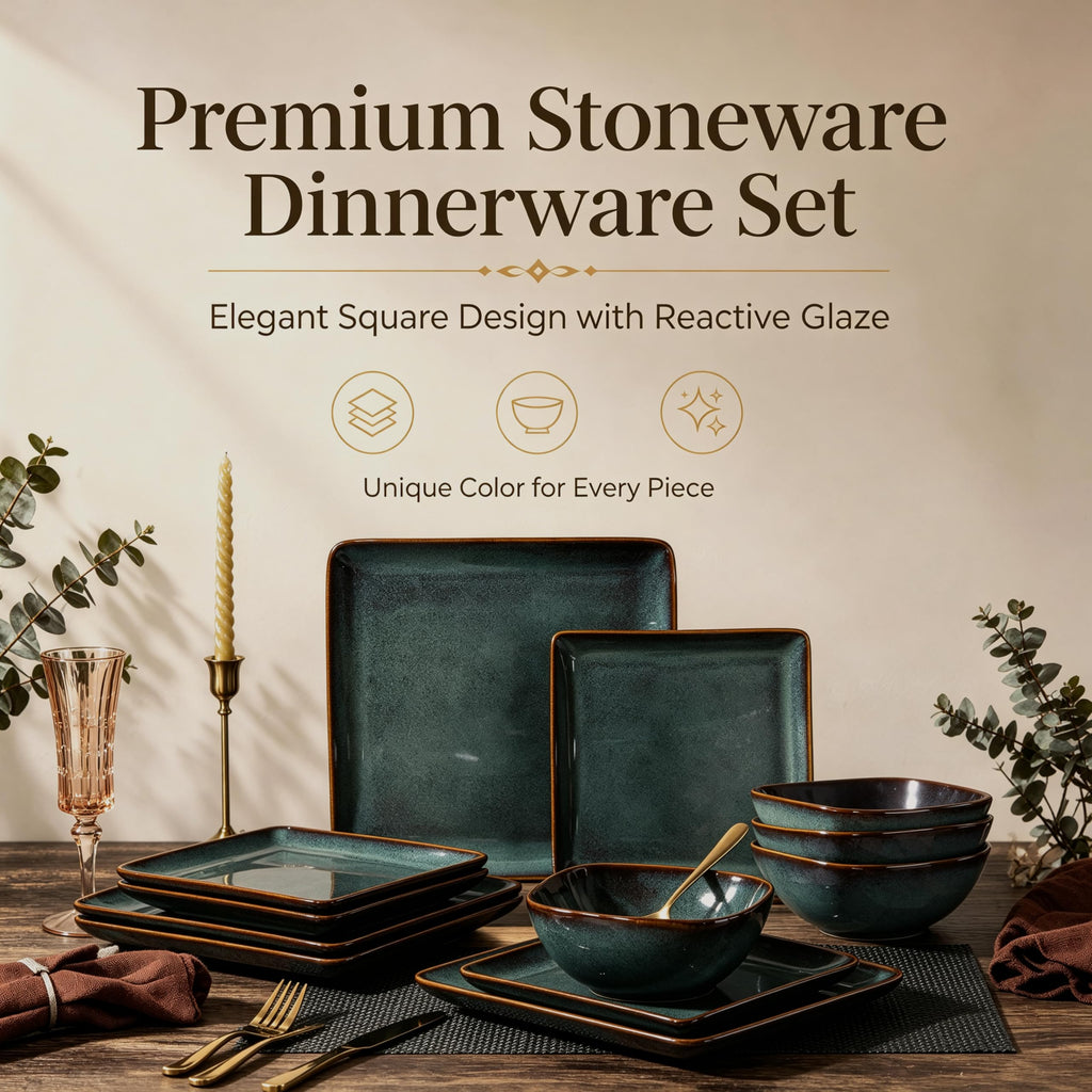 12-Piece Square Stoneware Dinnerware Sets for 4, Reactive Green Glaze
