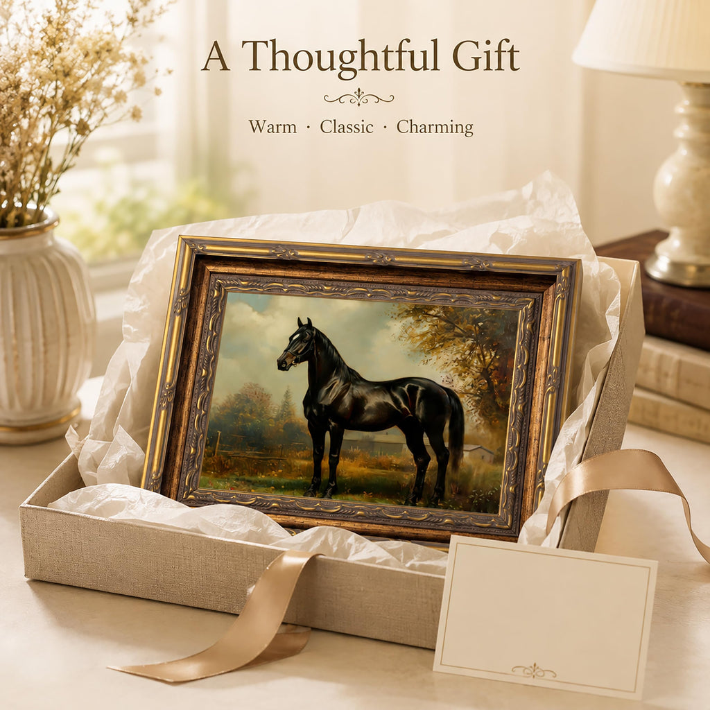 Vintage Gold Framed Black Horse Canvas Wall Art 12x16in