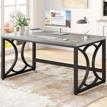 Gray Computer Desk, 55 Inch Metal Wooden Home Office Writing Desk