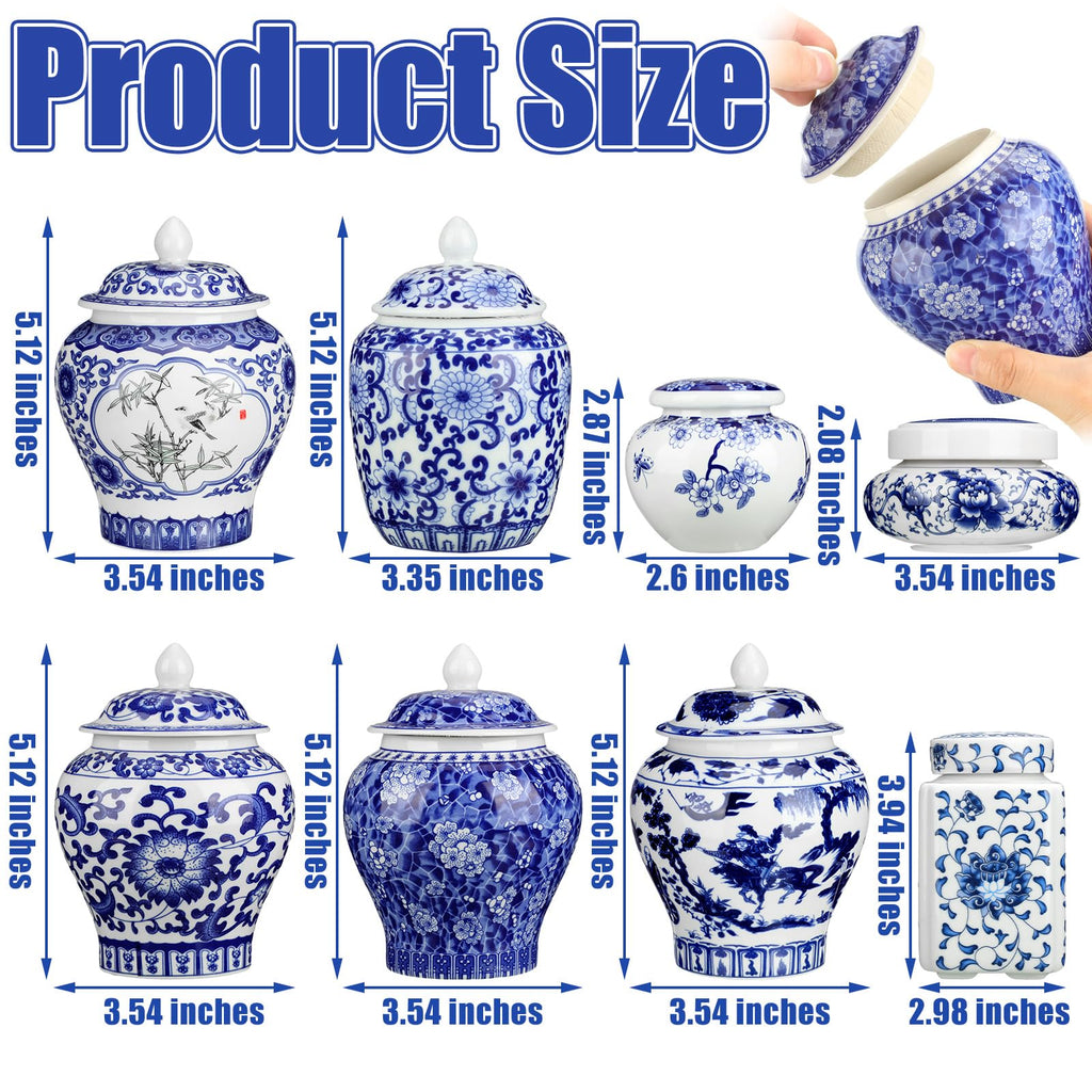 8 Pcs Blue White Ginger Jars with Lids Chinoiserie, Retro Style
