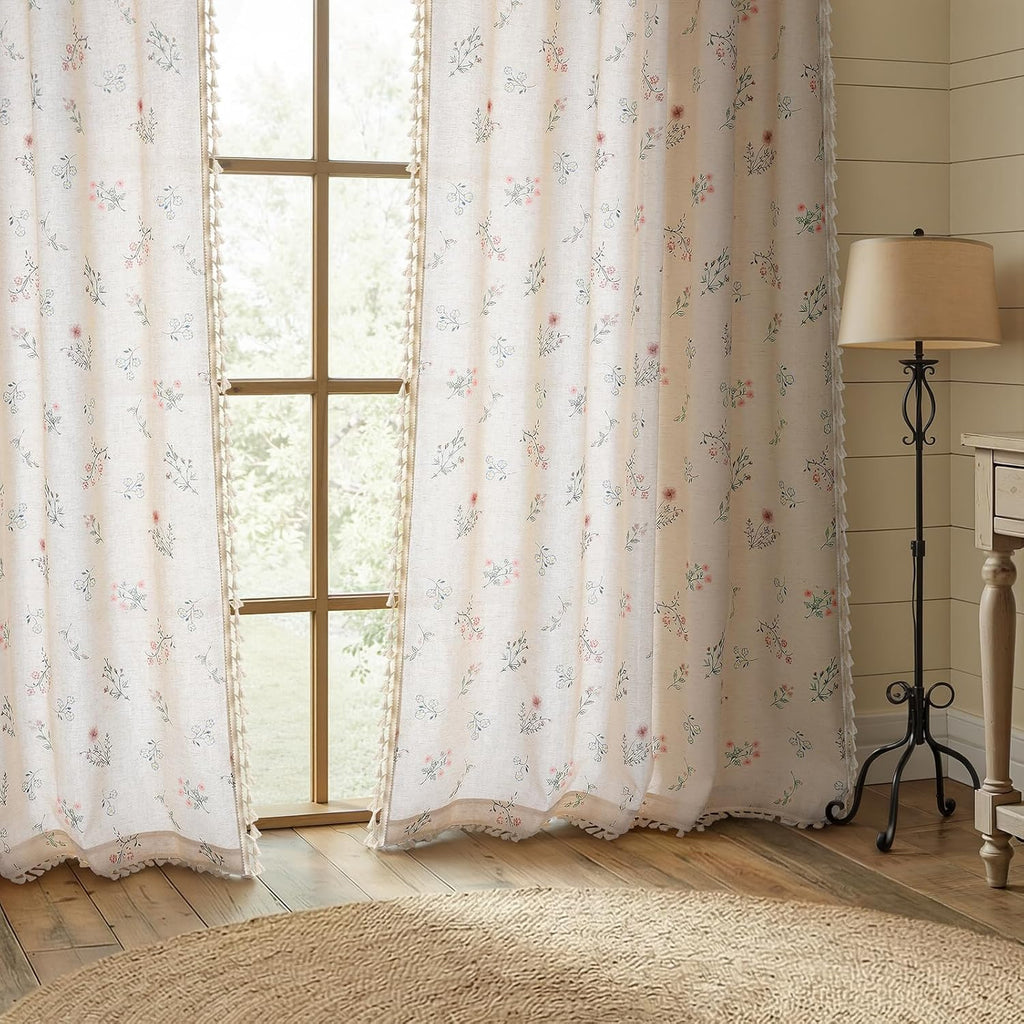 Boho Floral Spring Semi Sheer Curtains 84 Inch Length 2 Panels Set, Linen Texture Farmhouse Light Filtering Curtains