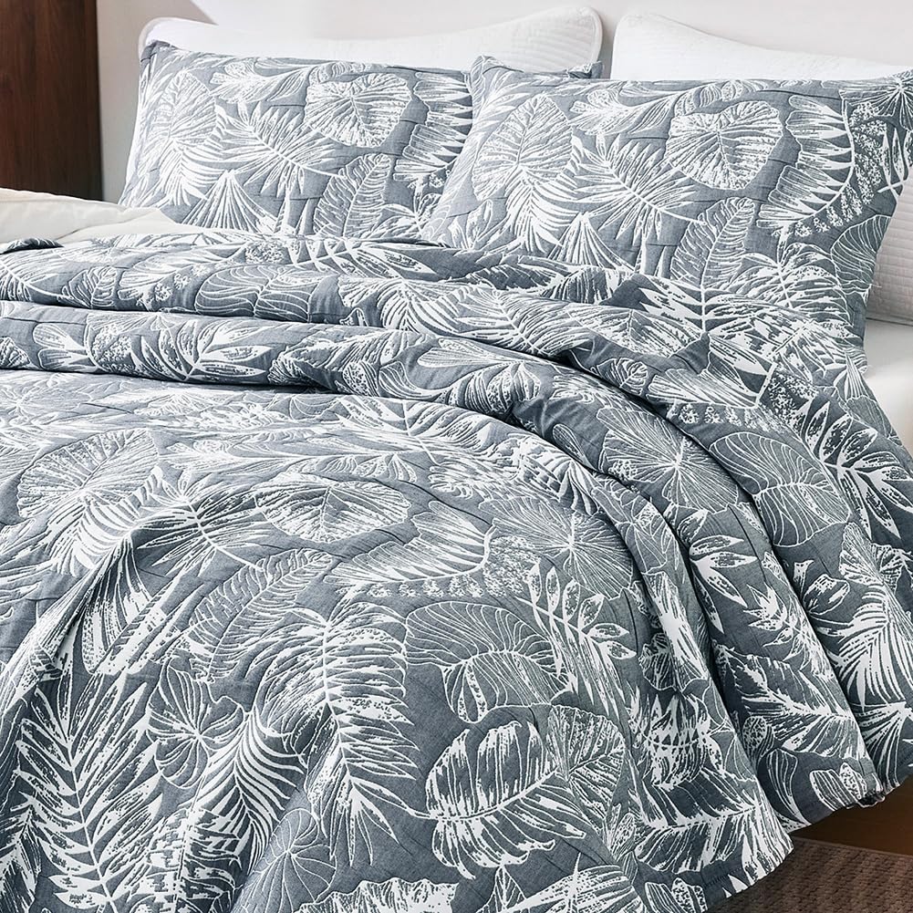 Tropical Leaf Cotton Blend Quilt Set Matelasse 3 Pcs