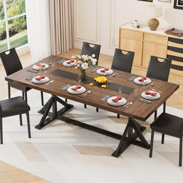 78" Farmhouse Dining Table for 6 8 People, Rectangular Wood Kitchen Dinner Table with Thick Waterproof Tabletop &