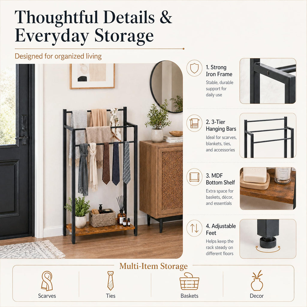 16.9" W Freestanding Towel Rack with Rustic Brown Wood Shelf