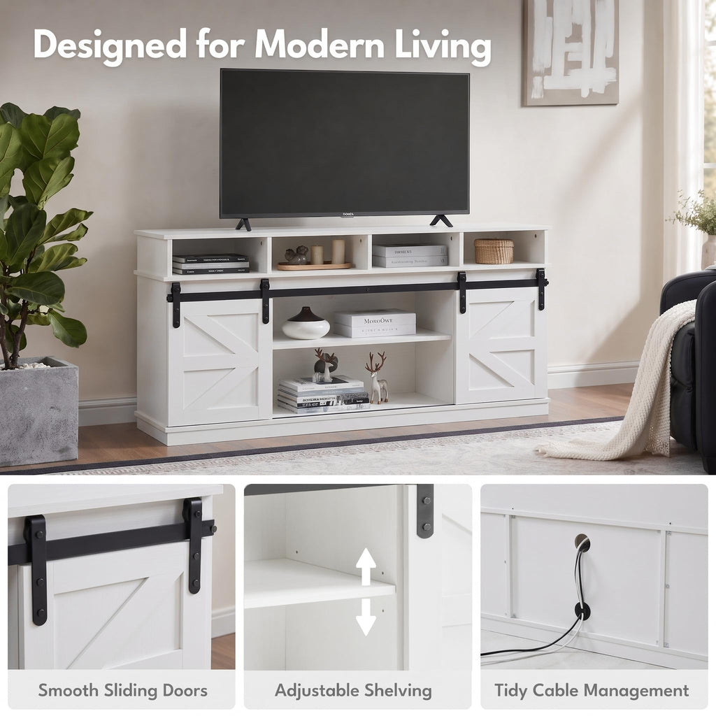58" Farmhouse TV Stand with Sliding Barn Doors for TVs up to 65 Inch, Entertainment Center with Adjustable Shelves