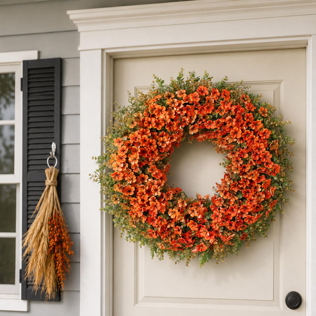 32" Large Artificial Silk Flower Eucalyptus Wreath for Outdoor(Fall Orange)