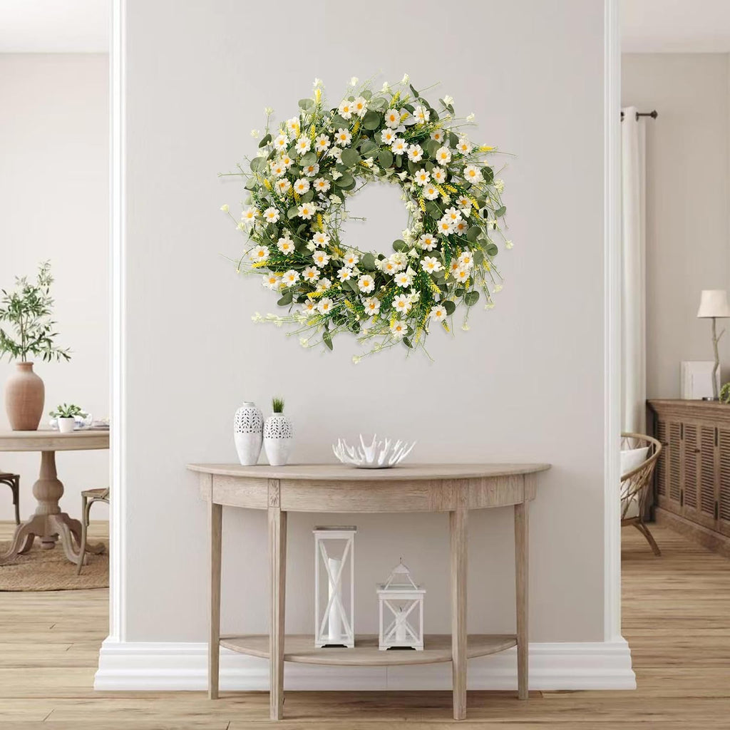 White Daisy Wreath 24 Inch with Fake Silk Floral Green Eucalyptus Leaves and Lavender for Spring Summer Front Door