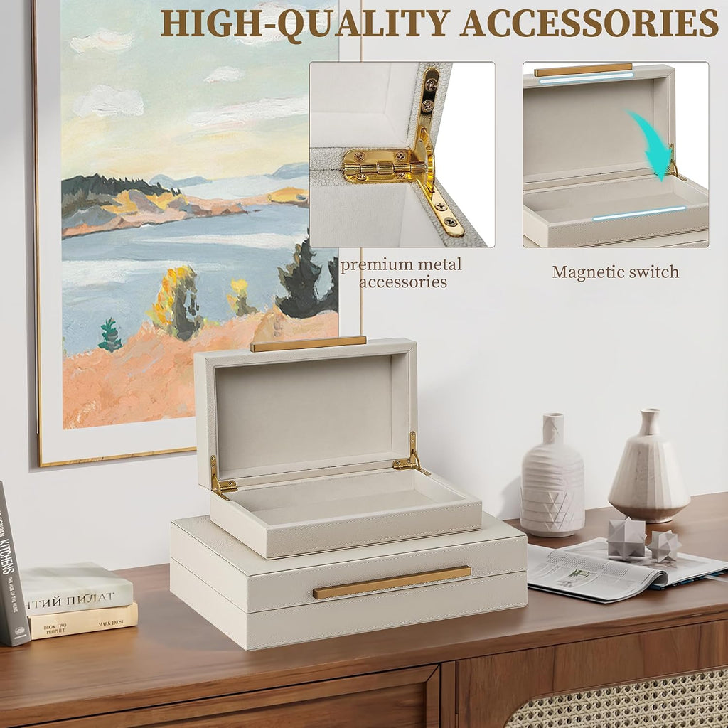 Shagreen Decorative Box, Modern Faux Leather Beige Decorative Storage Boxes with Lids and Metal Handles - Set of 2