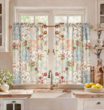 Boho Kitchen Curtains - Linen Blend Vintage Floral Cafe Curtains Country Tier Curtain Short Drapes Rod
